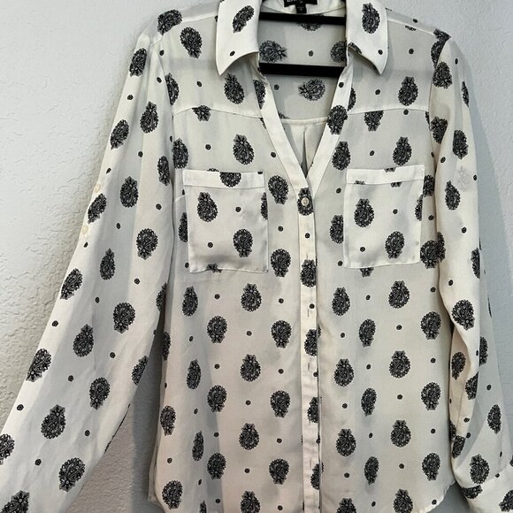 Express Top White w Black Print Portofino Sheer Button‎ Long Sleeve Career Sz SP - Picture 3 of 10